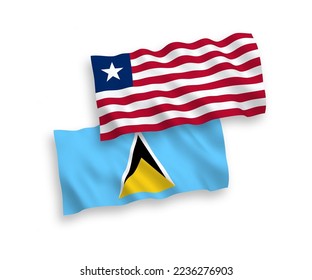 National vector fabric wave flags of Saint Lucia and Liberia isolated on white background. 1 to 2 proportion.