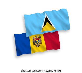 Nationale Vektor-Wellen-Flaggen von Saint Lucia und Moldawien einzeln auf weißem Hintergrund. 1 bis 2 %.
