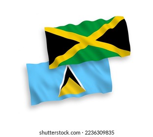 National vector fabric wave flags of Saint Lucia and Jamaica isolated on white background. 1 to 2 proportion.