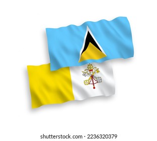 National vector fabric wave flags of Saint Lucia and Vatican isolated on white background. 1 to 2 proportion.