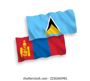 Banderas de olas de tela vectorial nacional de Santa Lucía y Mongolia aisladas en fondo blanco. de 1 a 2.