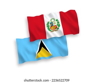 Nationale Vektor-Wellen-Flaggen von Saint Lucia und Peru einzeln auf weißem Hintergrund. 1 bis 2 %.