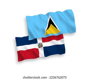 Nationale Vektor-Wellen-Flaggen von Saint Lucia und Dominikanische Republik einzeln auf weißem Hintergrund. 1 bis 2 %.