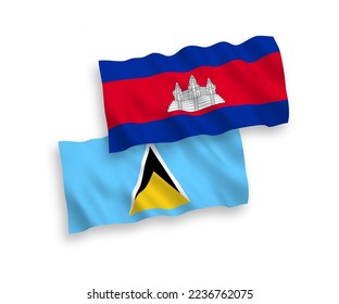 National vector fabric wave flags of Saint Lucia and Kingdom of Cambodia isolated on white background. 1 to 2 proportion.