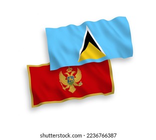 National vector fabric wave flags of Saint Lucia and Montenegro isolated on white background. 1 to 2 proportion.