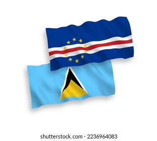 National vector fabric wave flags of Saint Lucia and Republic of Cabo Verde isolated on white background. 1 to 2 proportion.