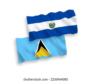 National vector fabric wave flags of Saint Lucia and Republic of El Salvador isolated on white background. 1 to 2 proportion.