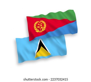 National vector fabric wave flags of Saint Lucia and Eritrea isolated on white background. 1 to 2 proportion.