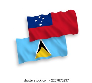 Banderas de ondulación de tela vectorial nacional de Santa Lucía y del Estado Independiente de Samoa aisladas de fondo blanco. de 1 a 2.