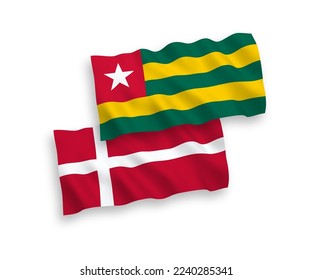 National vector fabric wave flags of Denmark and Togolese Republic isolated on white background. 1 to 2 proportion.