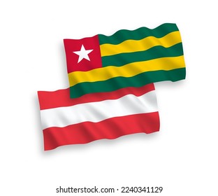National vector fabric wave flags of Austria and Togolese Republic isolated on white background. 1 to 2 proportion.