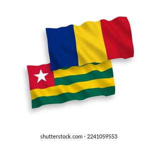 National vector fabric wave flags of Romania and Togolese Republic isolated on white background. 1 to 2 proportion.