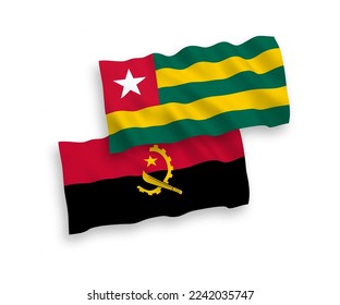 National vector fabric wave flags of Togolese Republic and Angola isolated on white background. 1 to 2 proportion.