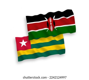 National vector fabric wave flags of Togolese Republic and Kenya isolated on white background. 1 to 2 proportion.