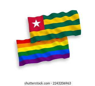 National vector fabric wave flags of Togolese Republic and Rainbow gay pride isolated on white background. 1 to 2 proportion.