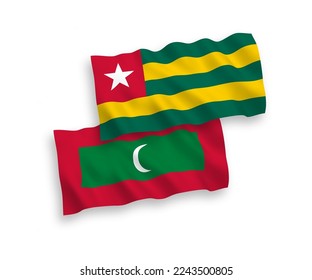 National vector fabric wave flags of Togolese Republic and Maldives isolated on white background. 1 to 2 proportion.