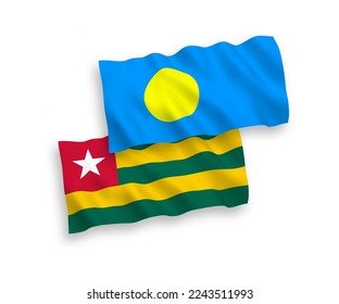 National vector fabric wave flags of Togolese Republic and Palau isolated on white background. 1 to 2 proportion.