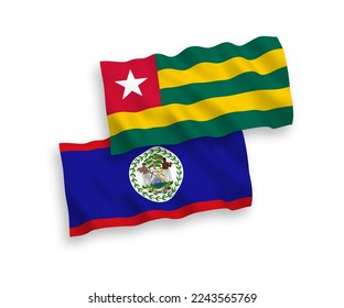 National vector fabric wave flags of Togolese Republic and Belize isolated on white background. 1 to 2 proportion.