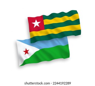 National vector fabric wave flags of Togolese Republic and Republic of Djibouti isolated on white background. 1 to 2 proportion.