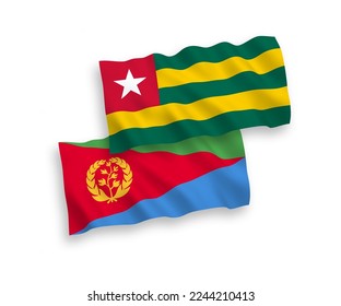 National vector fabric wave flags of Togolese Republic and Eritrea isolated on white background. 1 to 2 proportion.