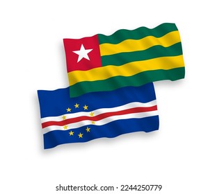 National vector fabric wave flags of Togolese Republic and Republic of Cabo Verde isolated on white background. 1 to 2 proportion.