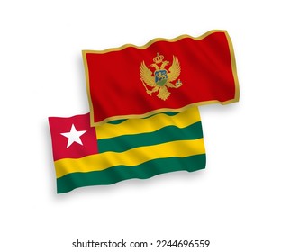 National vector fabric wave flags of Togolese Republic and Montenegro isolated on white background. 1 to 2 proportion.
