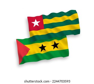 National vector fabric wave flags of Togolese Republic and Saint Thomas and Prince isolated on white background. 1 to 2 proportion.