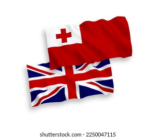 National vector fabric wave flags of Great Britain and Kingdom of Tonga isolated on white background. 1 to 2 proportion.