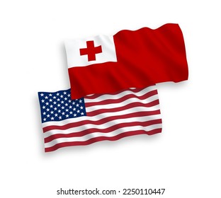 National vector fabric wave flags of Kingdom of Tonga and USA isolated on white background. 1 to 2 proportion.