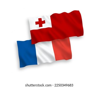 Banderas de olas de tela vectorial nacional de Francia y el Reino de Tonga aisladas en fondo blanco. de 1 a 2.