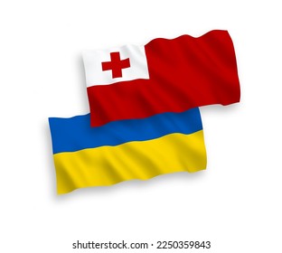 National vector fabric wave flags of Kingdom of Tonga and Ukraine isolated on white background. 1 to 2 proportion.