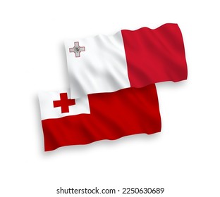 National vector fabric wave flags of Malta and Kingdom of Tonga isolated on white background. 1 to 2 proportion.