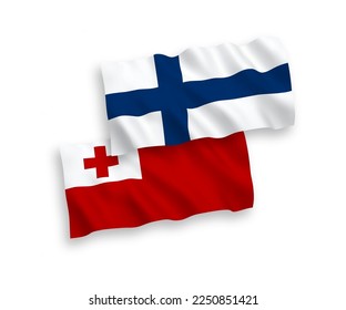 Banderas de olas de tela vectorial nacionales de Finlandia y el Reino de Tonga aisladas en fondo blanco. de 1 a 2.