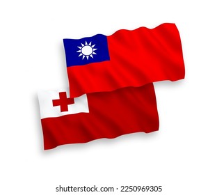 Banderas de olas de tela vectorial nacional del Reino de Tonga y Taiwán aisladas en fondo blanco. de 1 a 2.