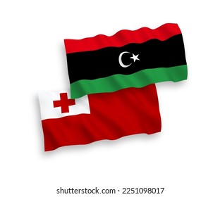 National vector fabric wave flags of Kingdom of Tonga and Libya isolated on white background. 1 to 2 proportion.