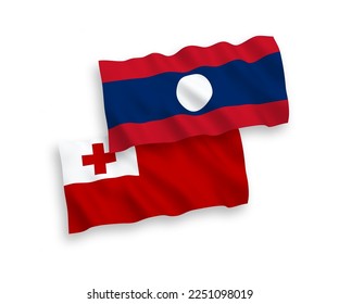 Banderas de olas de tela vectorial nacional del Reino de Tonga y Laos aisladas en fondo blanco. de 1 a 2.