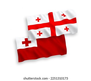 National vector fabric wave flags of Kingdom of Tonga and Georgia isolated on white background. 1 to 2 proportion.