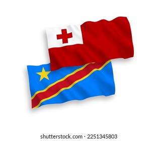 National vector fabric wave flags of Kingdom of Tonga and Democratic Republic of the Congo isolated on white background. 1 to 2 proportion.