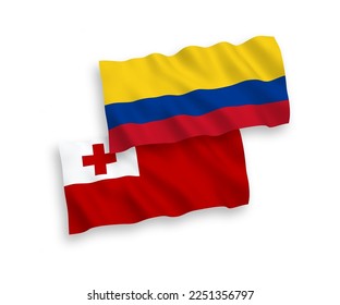 National vector fabric wave flags of Kingdom of Tonga and Colombia isolated on white background. 1 to 2 proportion.
