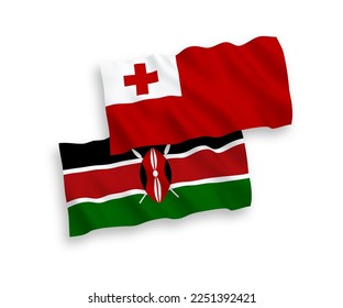 National vector fabric wave flags of Kingdom of Tonga and Kenya isolated on white background. 1 to 2 proportion.