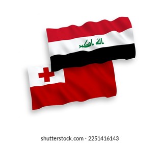 Banderas onduladas de tela vectorial nacional del Reino de Tonga y el Iraq aisladas sobre fondo blanco. de 1 a 2.
