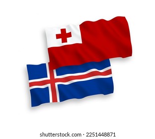 Banderas de ondulación de tela vectorial nacional del Reino de Tonga e Islandia aisladas sobre fondo blanco. de 1 a 2.