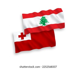 National vector fabric wave flags of Kingdom of Tonga and Lebanon isolated on white background. 1 to 2 proportion.