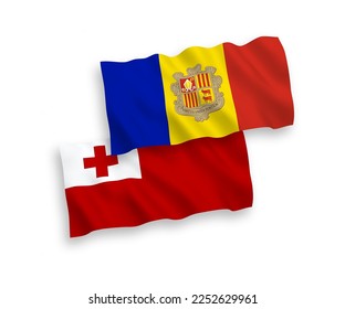 National vector fabric wave flags of Kingdom of Tonga and Andorra isolated on white background. 1 to 2 proportion.