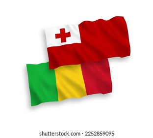 National vector fabric wave flags of Kingdom of Tonga and Mali isolated on white background. 1 to 2 proportion.