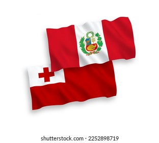 National vector fabric wave flags of Kingdom of Tonga and Peru isolated on white background. 1 to 2 proportion.