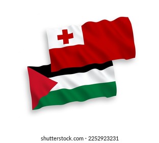 National vector fabric wave flags of Kingdom of Tonga and Palestine isolated on white background. 1 to 2 proportion.
