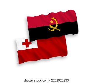 Banderas de olas de tela vectorial nacional del Reino de Tonga y Angola aisladas en fondo blanco. de 1 a 2.