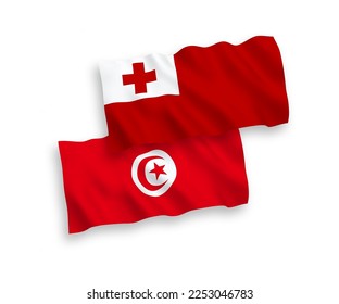 National vector fabric wave flags of Kingdom of Tonga and Republic of Tunisia isolated on white background. 1 to 2 proportion.