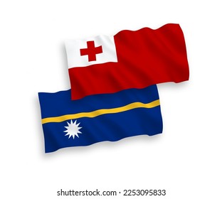 National vector fabric wave flags of Kingdom of Tonga and Republic of Nauru isolated on white background. 1 to 2 proportion.
